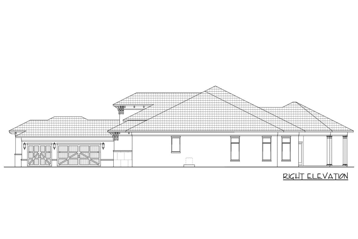 Right elevation house plan: two-car garage, multiple gables, and a covered patio.