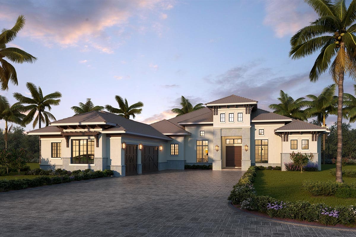 House plan exterior. Single-story home with a hip roof, attached garage, and a covered entry. Features large windows and a paver driveway.