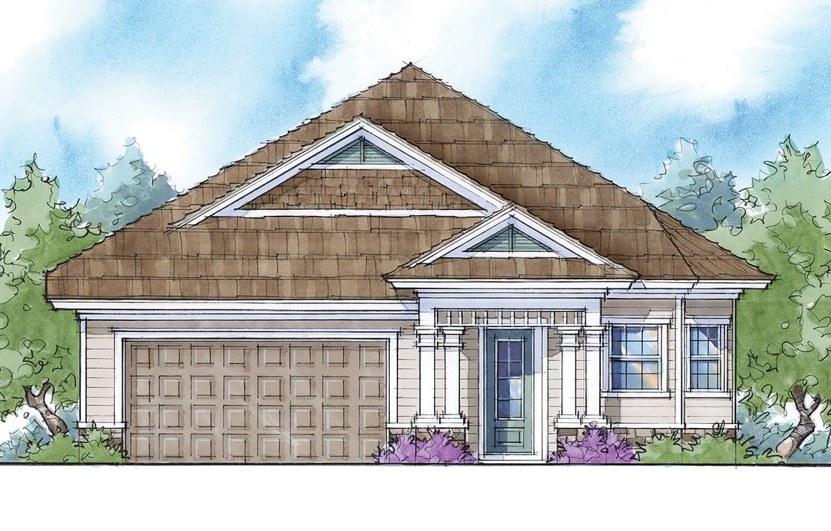 House plan exterior: Ranch style, single-story with a prominent gable, hip roof, attached garage, and covered entry.