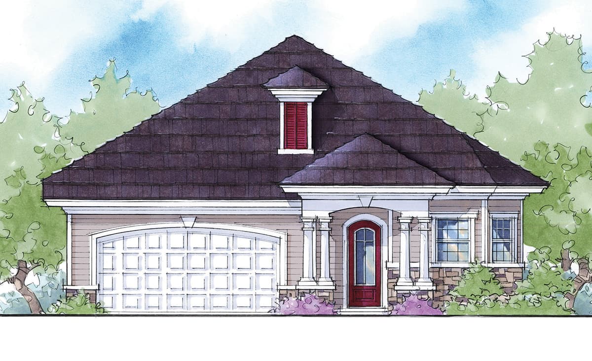 House plan exterior of a one-story home with a hip roof, dormer, portico with columns, arched garage door, and stone foundation.