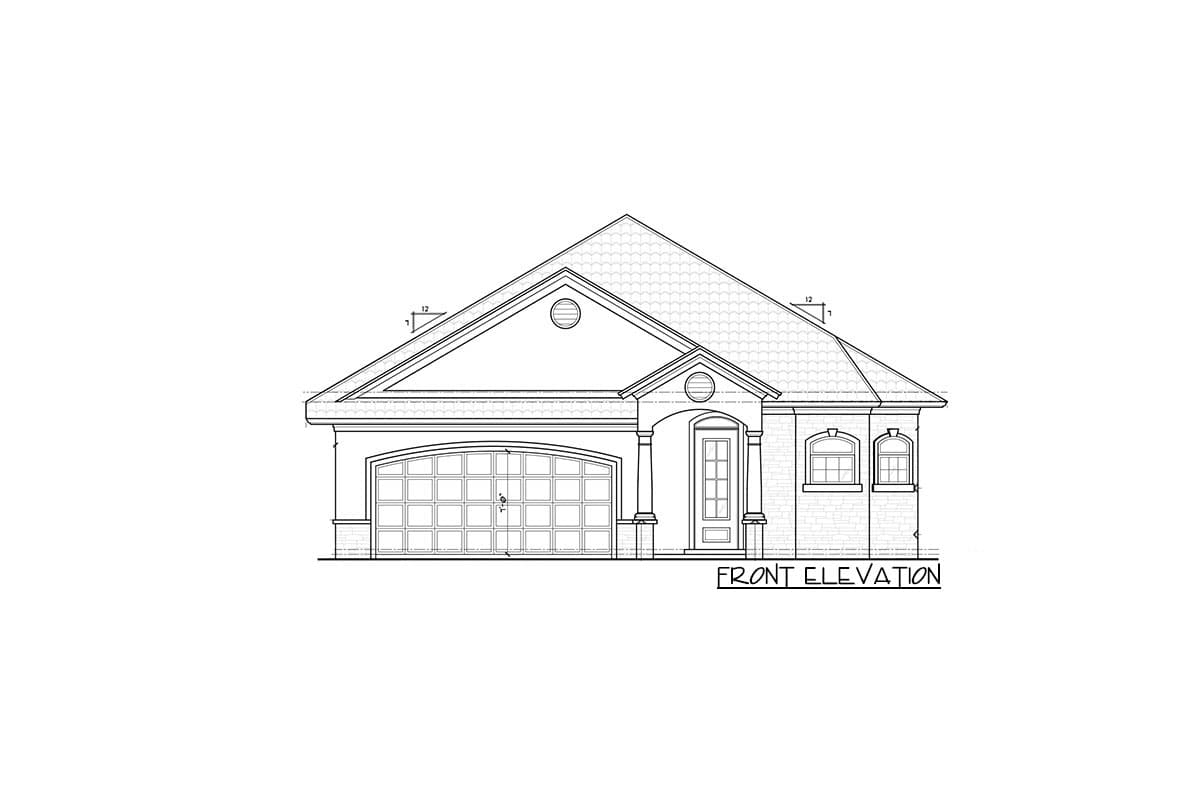 Front elevation drawing of a one-story house with a prominent gable, arched garage door, and covered entry with columns.