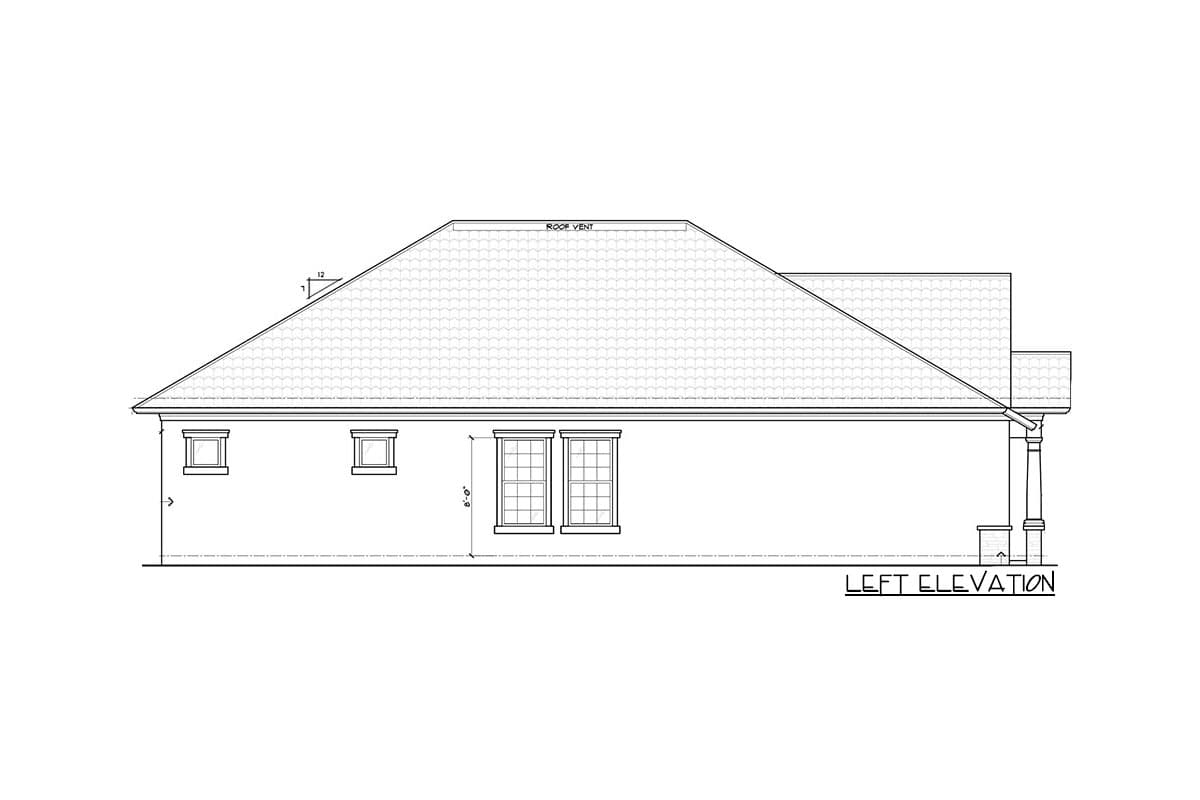 Left elevation drawing of a house plan, showing a pitched roof, windows, and a porch with columns.