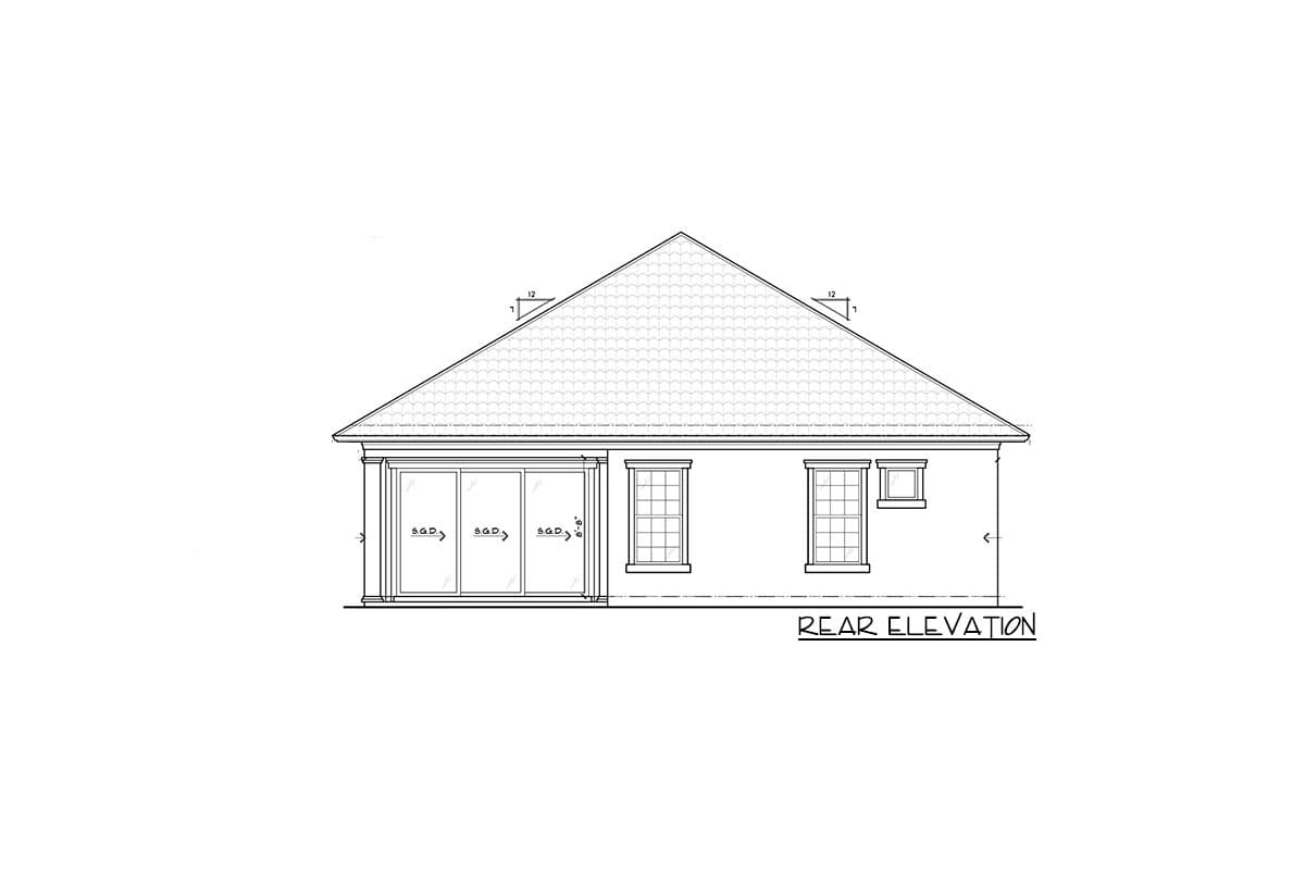 Rear elevation drawing of a house with a large sliding glass door and multiple windows, featuring a prominent gabled roof.