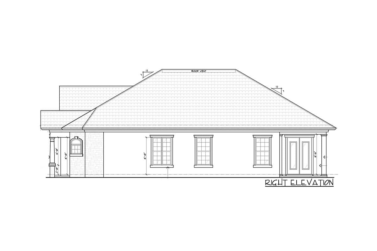 Right elevation house plan showing a hip roof, arched window, three rectangular windows, and double doors with columns.