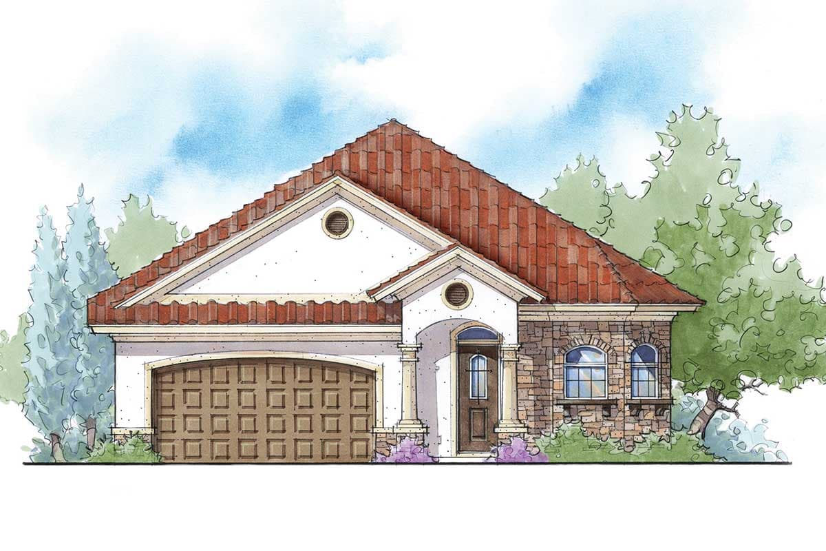 House plan exterior with tile roof, stucco walls, stone accents, arched entry, and attached garage.