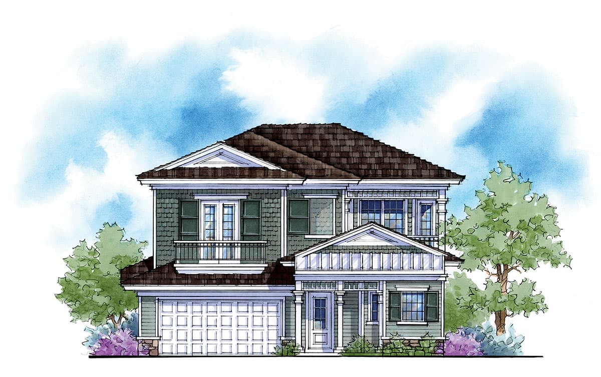 House plan exterior rendering, two-story with Craftsman details. Features include gabled roof, front balcony, and a garage with paneled door.