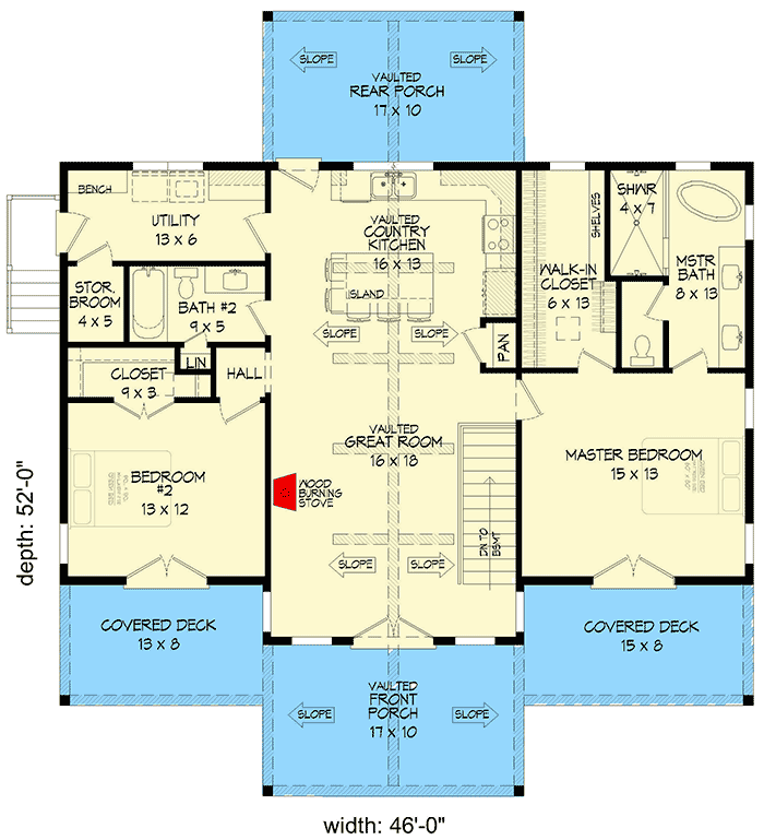 Plan 68845VR: Mountain House Plan with Vaulted Indoor and Outdoor Spaces on a Walkout Basement - 1357 Sq Ft - Floor Plan - Main Level - Country, Craftsman, Mountain, Ranch