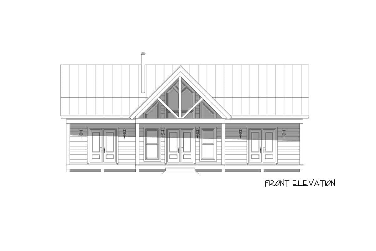Front elevation drawing of a house plan with a gabled roof, large central gable with windows, and a full-width porch with five sets of double doors.