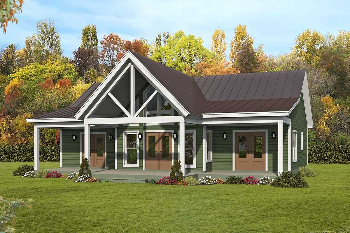 House plan exterior. One-story Modern Farmhouse with a covered porch, gabled entry with exposed beams, and metal roof.