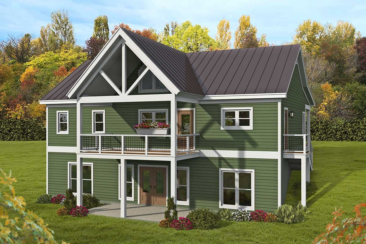 House plan exterior. Two-story home with Craftsman-style gables, covered porch, and metal roof. Features include balconies and large windows.