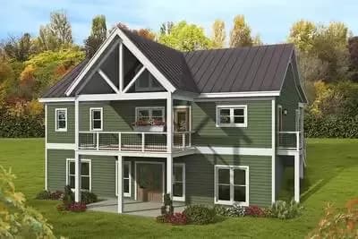 Mountain House Plan with Vaulted Indoor and Outdoor Spaces on a Walkout Basement - 1357 Sq Ft