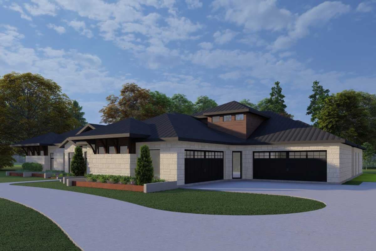 House plan exterior rendering of a single-story home with stone facade, dark metal roof, and a three-car garage.