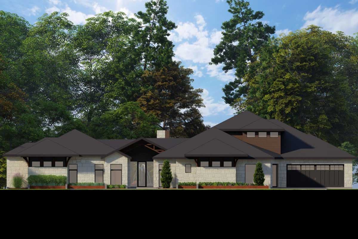 House plan exterior with stone facade, multiple gables, covered entrance, and attached garage.