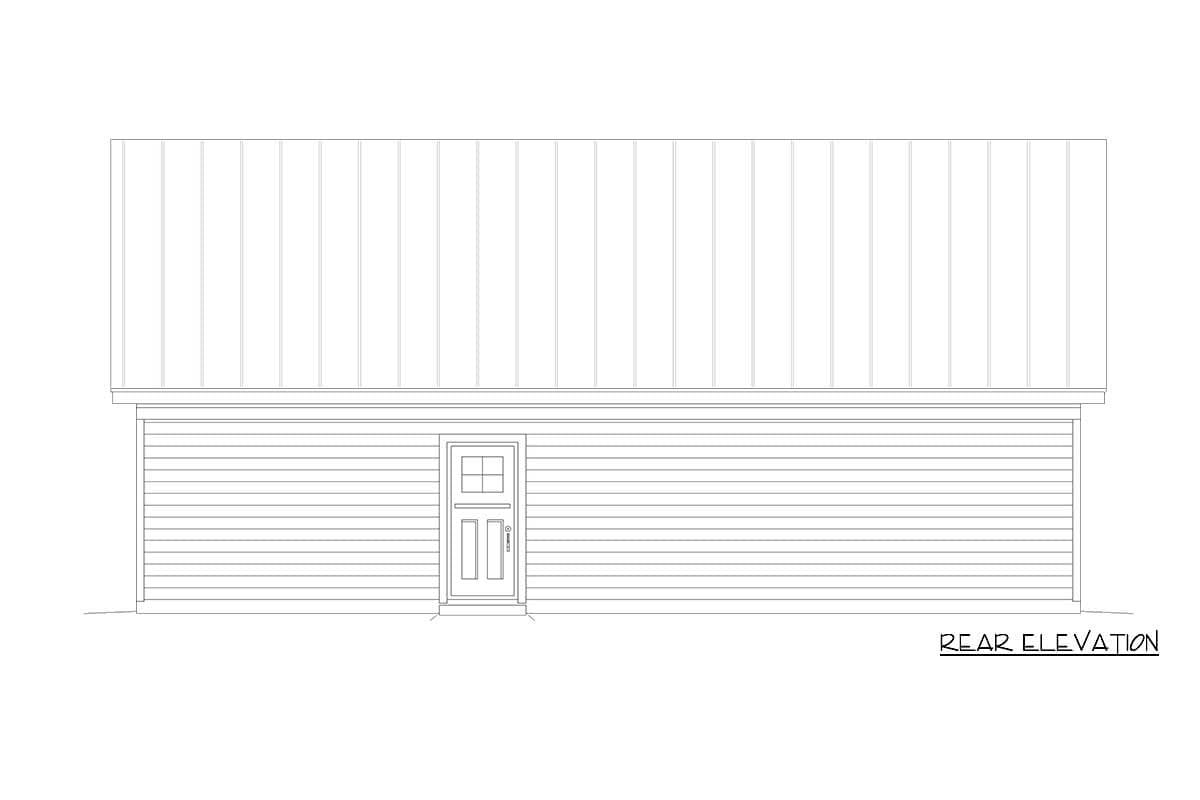 Rear elevation drawing of a house with horizontal siding, a metal standing seam roof, and a single paneled door with a glass-paned top.