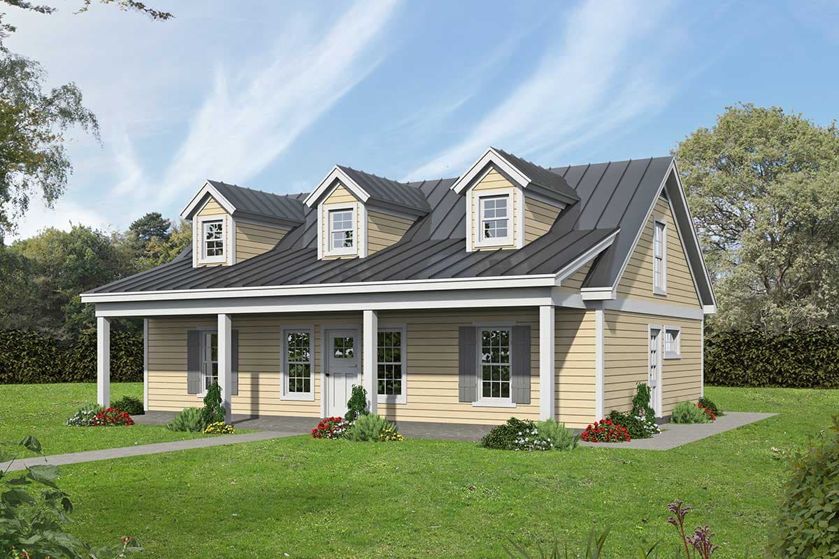 House plan exterior with two stories. Features include a front porch, dormers, and a gabled roof. Exterior siding is lap siding.