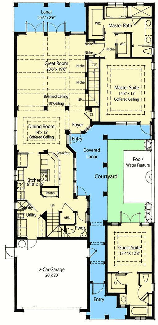 Plan 33046ZRX: Courtyard Home Plan with Two Sets of Stairs - 3550 Sq Ft - Floor Plan - Main Level - Southern, Traditional