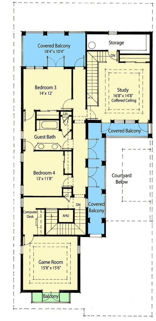 Plan 33047ZRX: Courtyard House Plan with Upstairs Game Room - 3550 Sq Ft - Floor Plan - 2nd Floor - Florida-Style, Mediterranean, Spanish