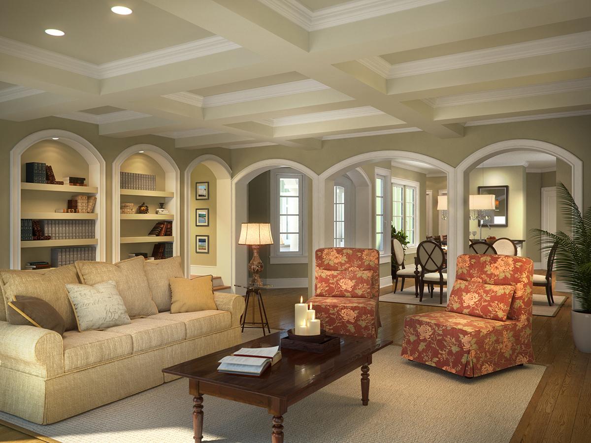 Interior rendering of a living room with built-in bookshelves, coffered ceiling, and arched openings to a dining area.