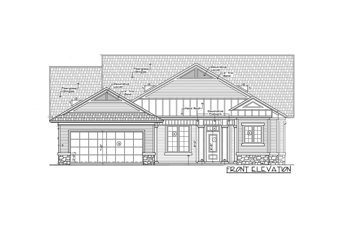 Front elevation drawing of a house plan featuring a two-car garage, gabled roofs, decorative louvers, and a metal roof over the entrance.