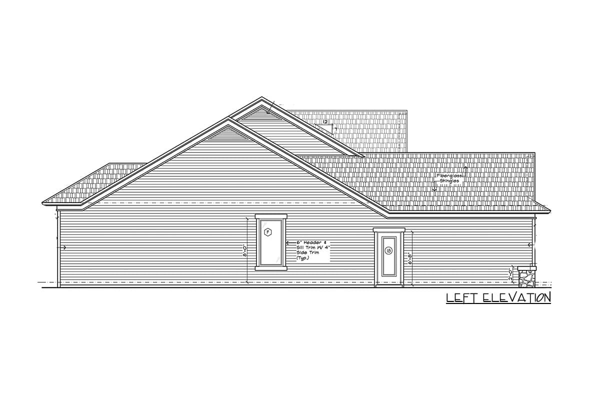 Left elevation drawing of a house plan showing horizontal siding, two doors, a window, and a pitched roof with fiberglass shingles.