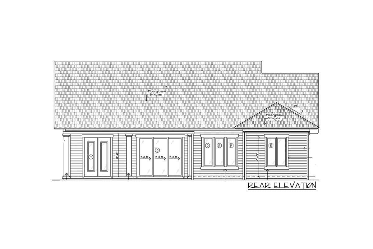 Rear elevation drawing shows a house with a gable roof, double doors, sliding glass doors, and multiple windows.