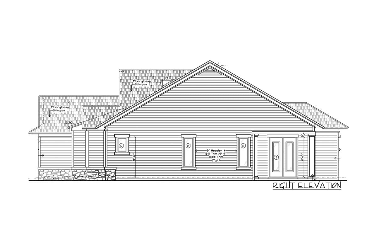 Right elevation house plan drawing showing siding, gabled roof with shingles, stone foundation, and double entry doors.