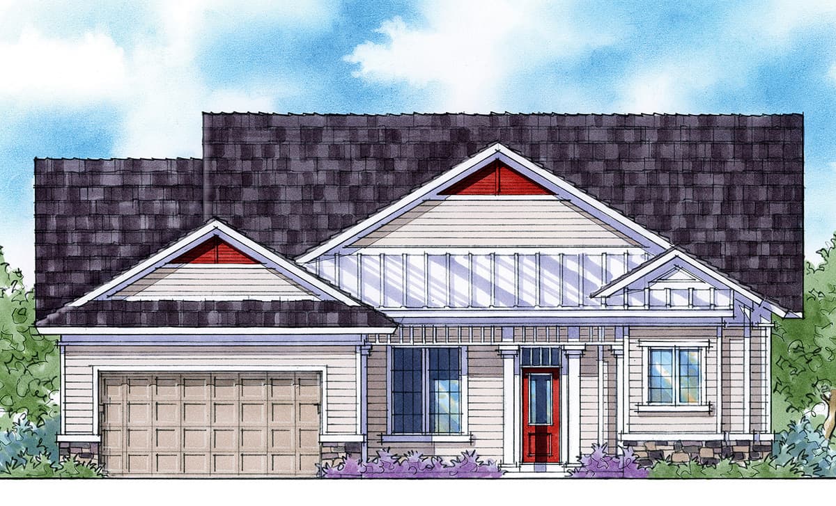 House plan exterior: Modern Farmhouse style, one story, with attached garage, gables, and covered entry with red door.