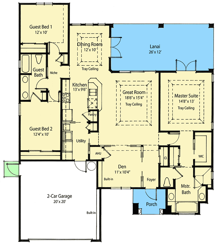 Plan 33049ZRX: One-Story 3 Bed Home Plan with Split Bedroom Layout - 1644 Sq Ft - Floor Plan - Main Level - European, Traditional