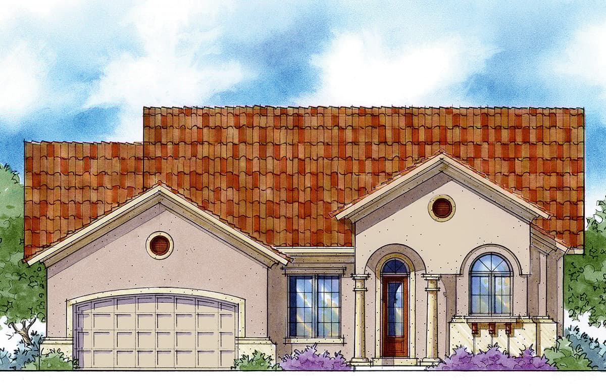 House plan exterior: Single-story Spanish-style home with stucco finish, tiled roof, arched entry, garage, and circular dormer.