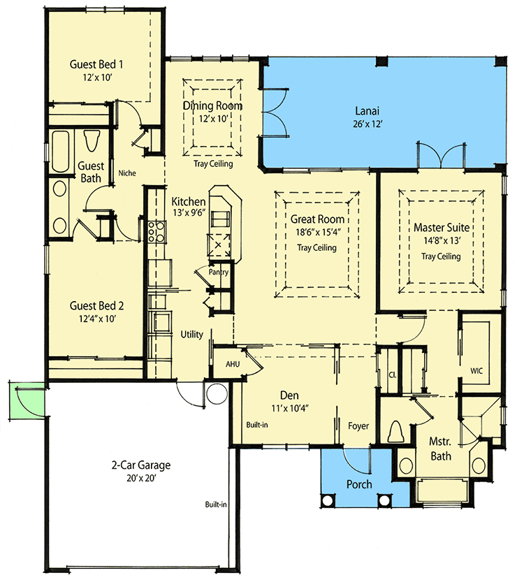 Plan 33050ZRX: Spanish-Influenced House Plan with 3 Beds Under 50-Feet Wide - 1644 Sq Ft - Floor Plan - Main Level - Mediterranean, Southwest, Spanish