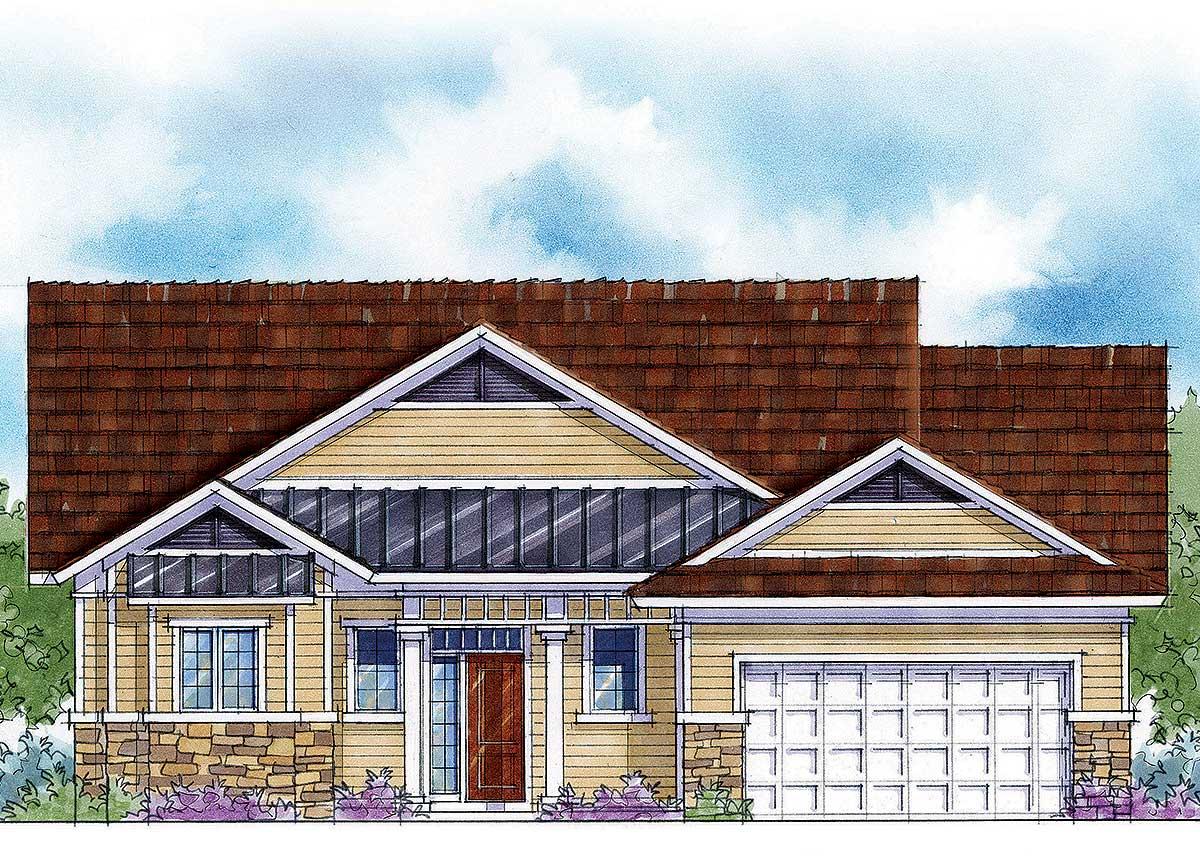 Craftsman style house plan exterior with stone foundation, prominent gables, wide front porch, and attached two-car garage.