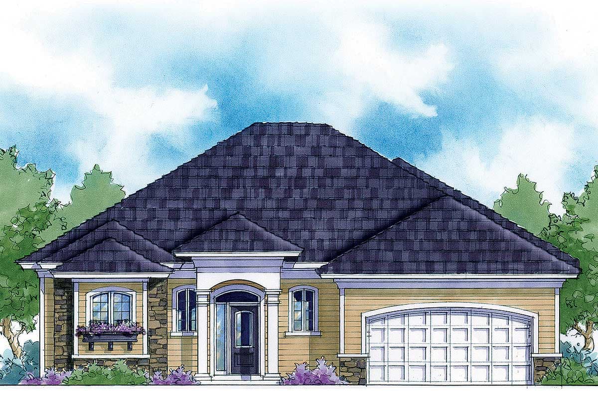 House plan exterior: single-story with a prominent roofline, stone accents, arched entry, and attached garage.