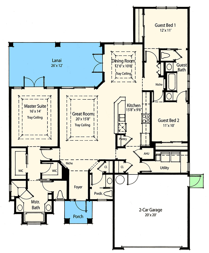 Plan 33052ZRX: One-Story Home Plan Under 50-Feet Wide with 3 Bedrooms - 1885 Sq Ft - Floor Plan - Main Level - European, French Country, Traditional