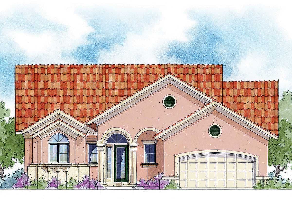 House plan exterior: Mediterranean style, one story, with arched entry, arched window, and attached garage.