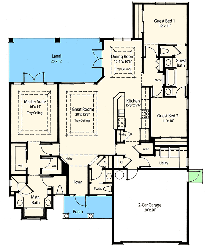 Plan 33053ZRX: House Plan with Formal Dining Room and Rear Porch Under 50-Feet Wide - 1885 Sq Ft - Floor Plan - Main Level - Mediterranean, Southwest, Spanish