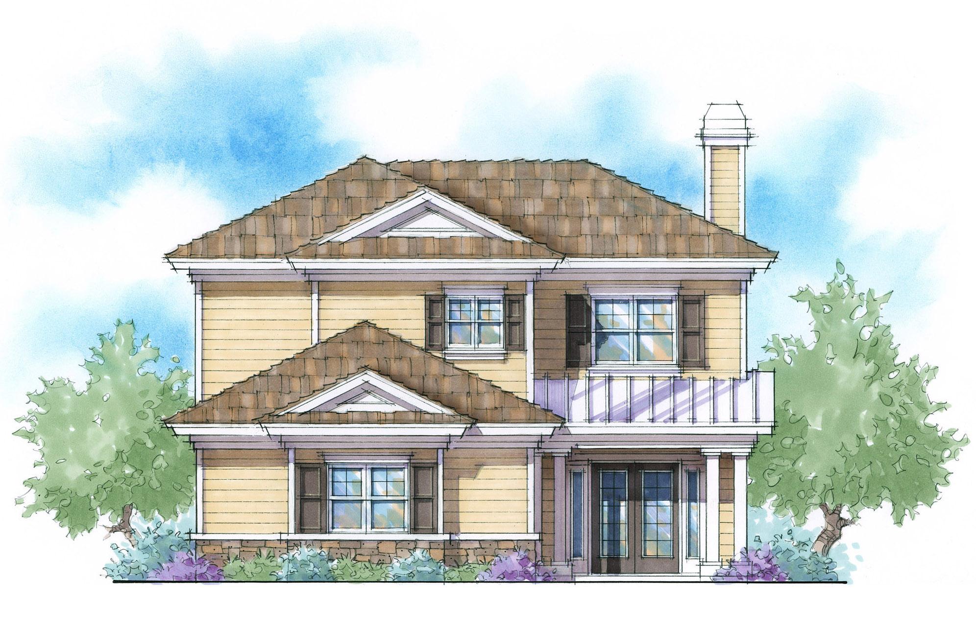 House plan exterior: Two-story home with gabled dormers, a covered entryway, a balcony, and a prominent chimney.