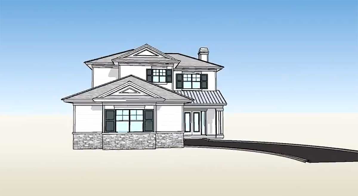 House plan exterior rendering of a two-story home with stone wainscoting, gabled dormers, shutters, and a metal roof porch.