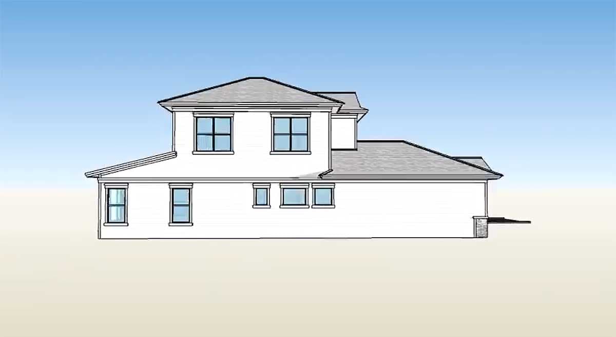 House plan exterior: two-story home with hipped roof, multiple window groups, and a covered porch.