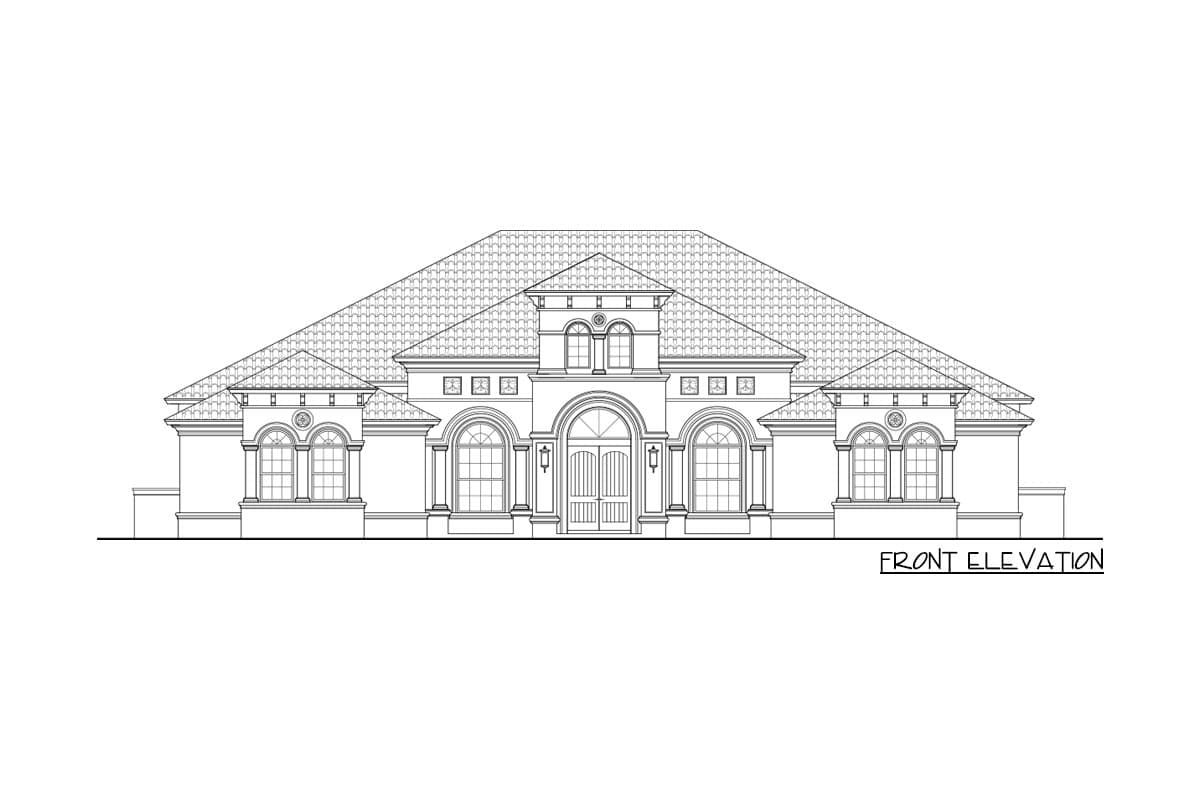 Front elevation drawing of a one-story house plan with arched windows, a central double door entry, and a hipped roof.