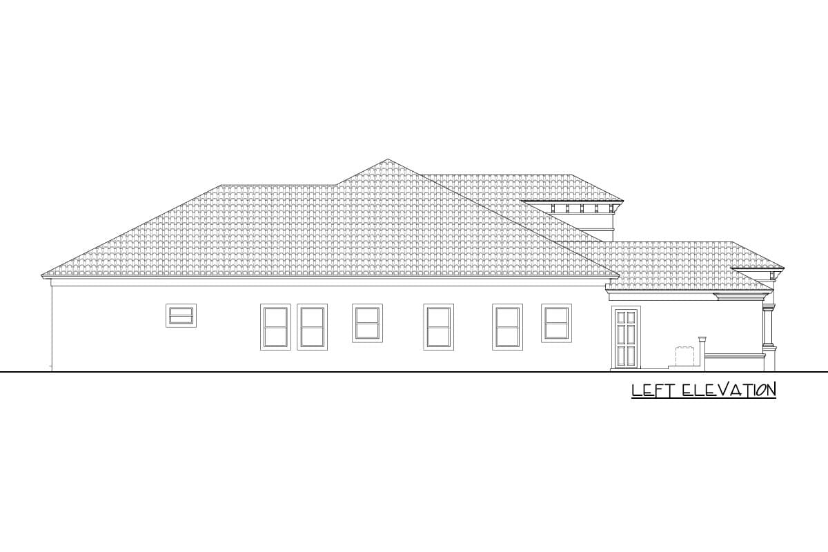 Left elevation house plan showing a single-story structure with a tiled roof, multiple windows, and a covered porch.