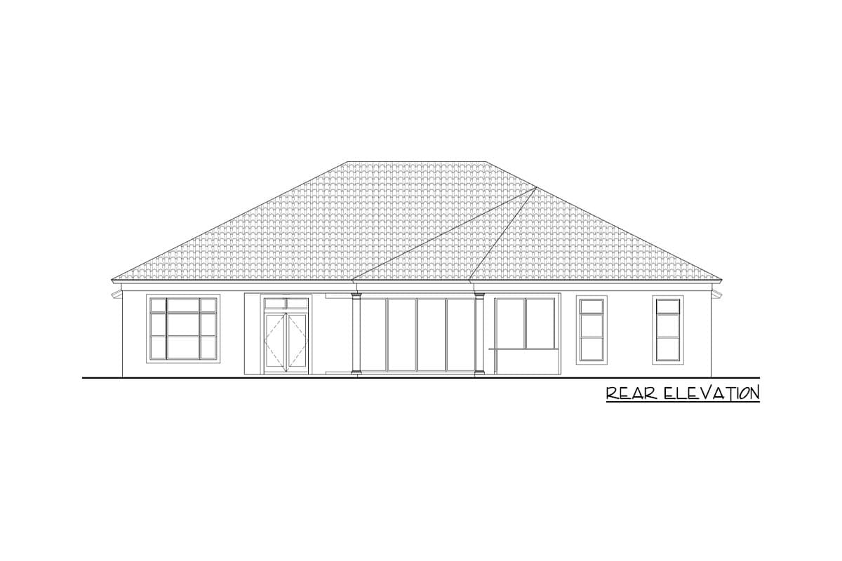 Rear elevation of a single-story house plan with a hip roof, covered patio with columns, and multiple windows.