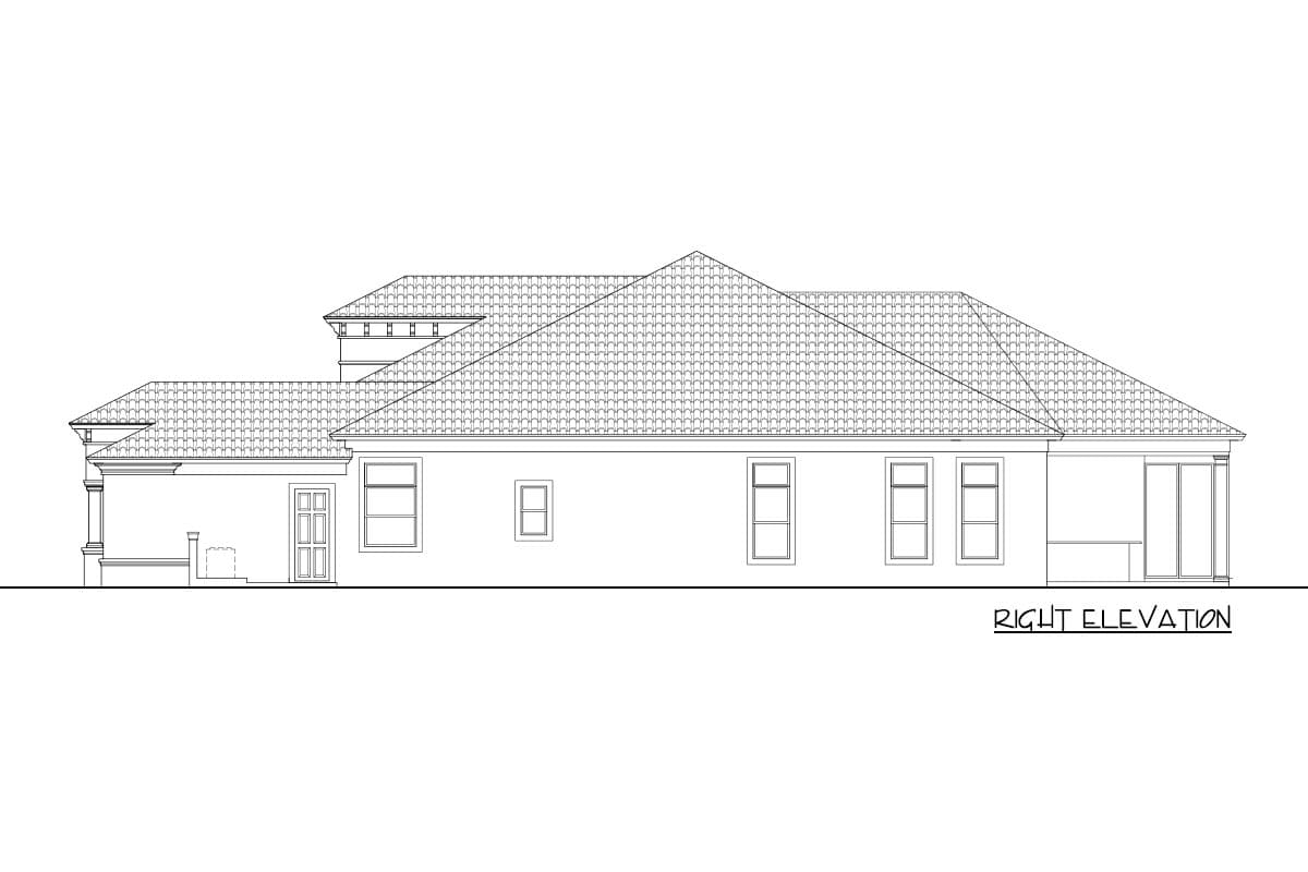 Right elevation house plan showing a single-story home with a hip roof, covered porch, multiple windows, and sliding glass doors.