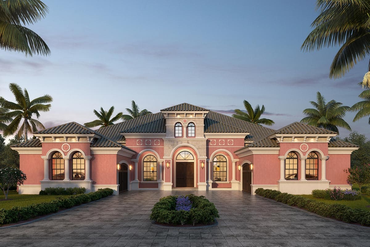 House plan exterior: One-story Mediterranean style with stucco facade, arched windows, tile roof, and central porte-cochère.