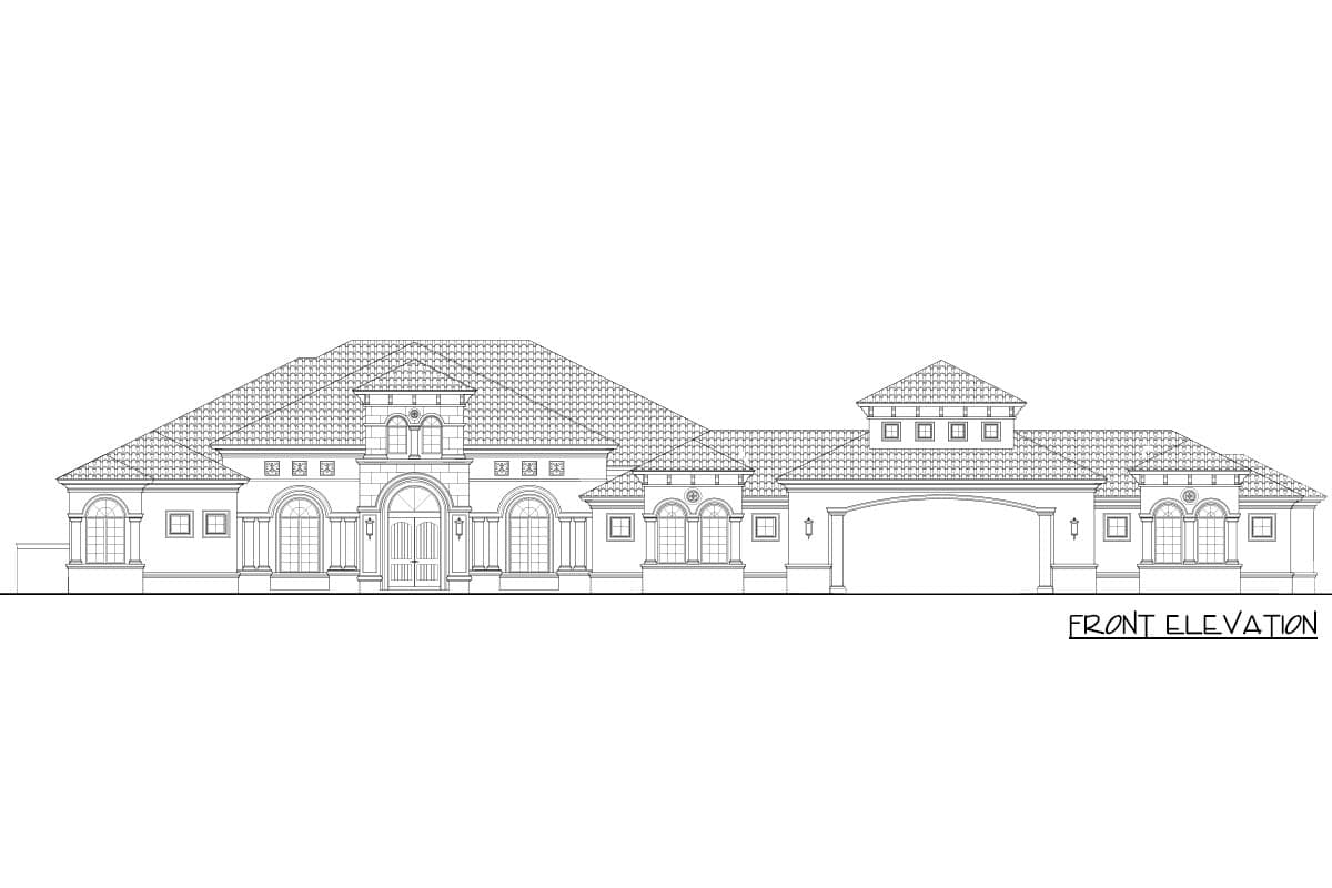 Front elevation house plan with a symmetrical facade, arched entryway, central tower, and attached two-car garage.