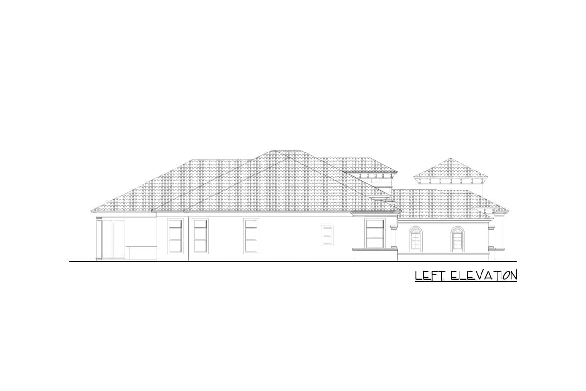 Left elevation house plan drawing showing a tiled roof, multiple gables, and arched windows.