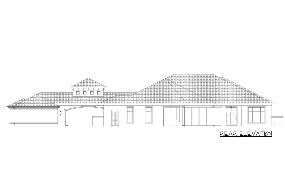 Rear elevation of a single-story house plan with a tiled roof, arched entrance, garage, and large windows.