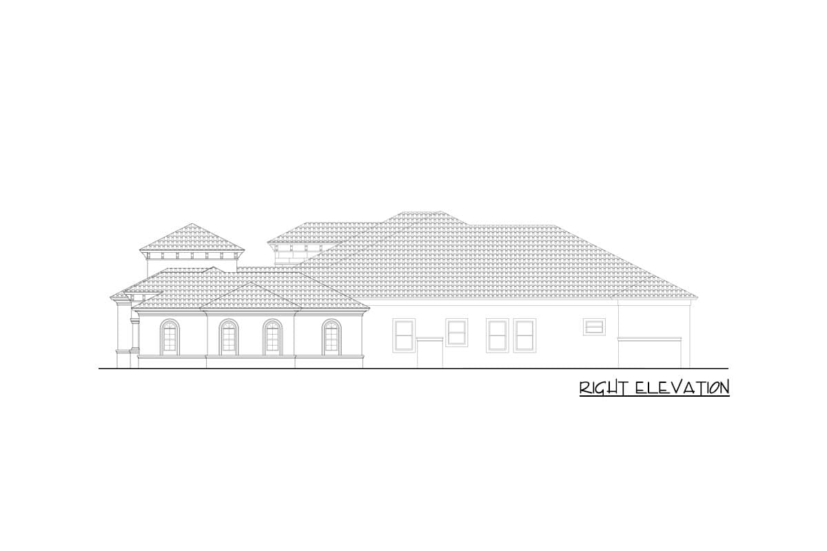 Right elevation house plan drawing showing a tiled roof with multiple gables and arched windows.