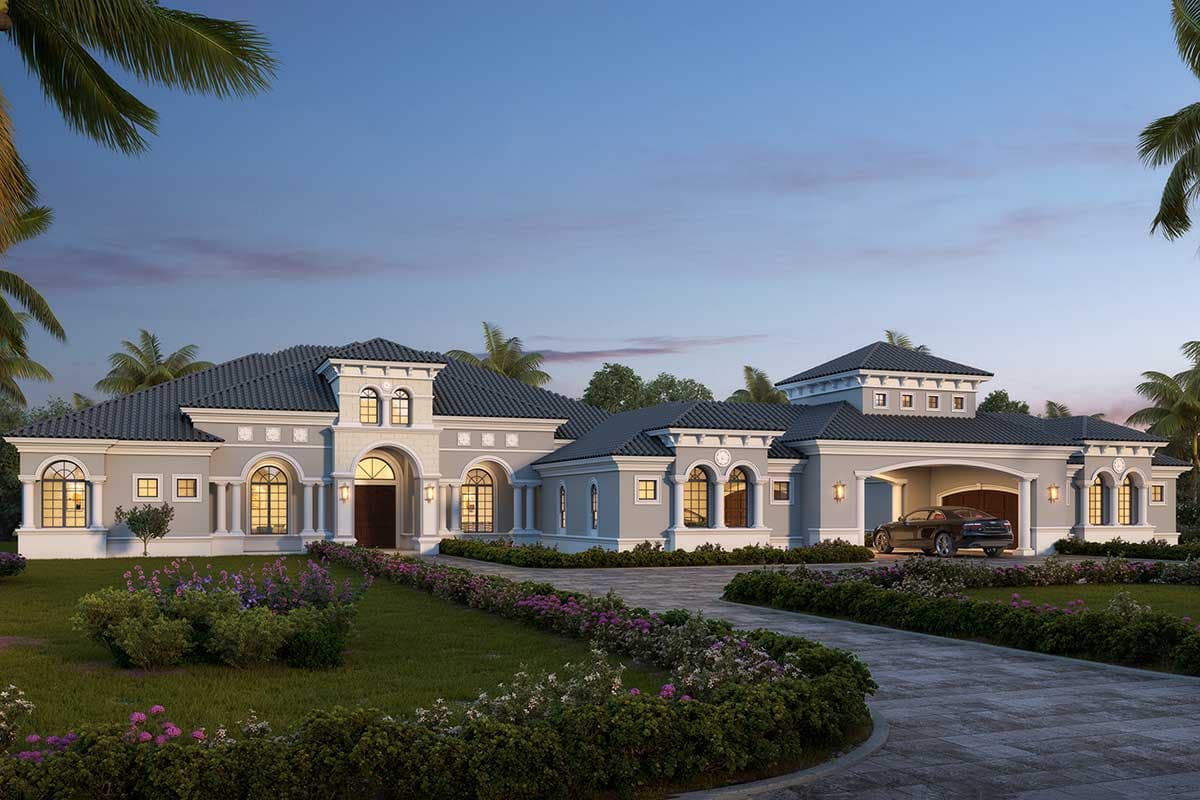 House plan exterior with arched windows, low-pitched roof, and a garage with arched entry. Features a circular driveway.