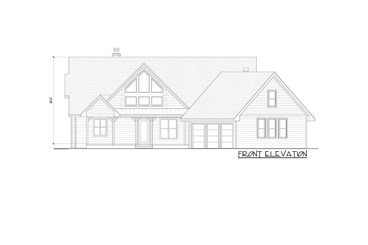 Front elevation drawing of a house plan with a prominent gable, dormer, porch, and three-car garage.