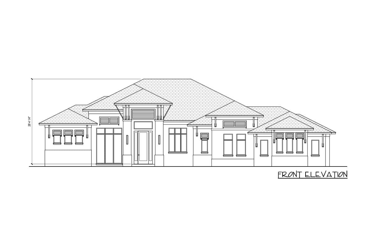 Front elevation drawing of a one-story house plan with multiple gables, prominent entrance, and wide windows.